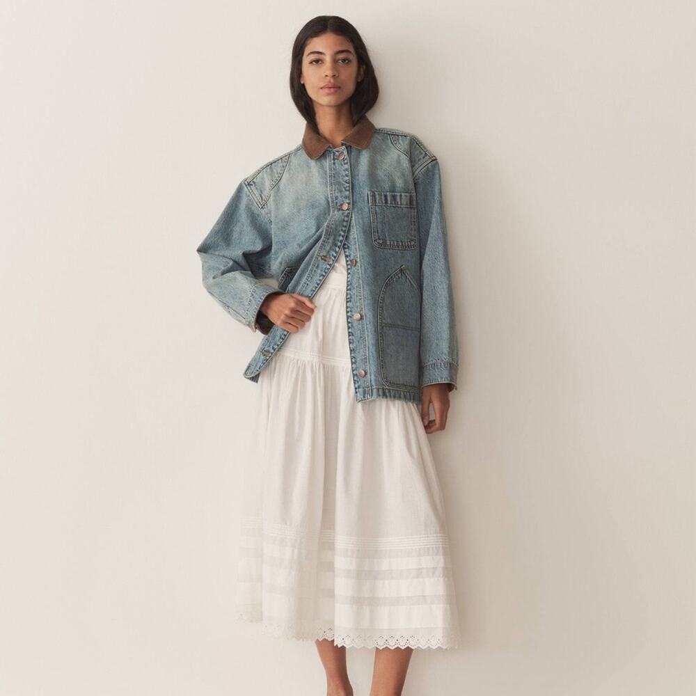 NWT Doen Pascual Cotton Denim Jean Corduroy Collar Barn Jacket Deveraux Wash - Picture 3 of 14